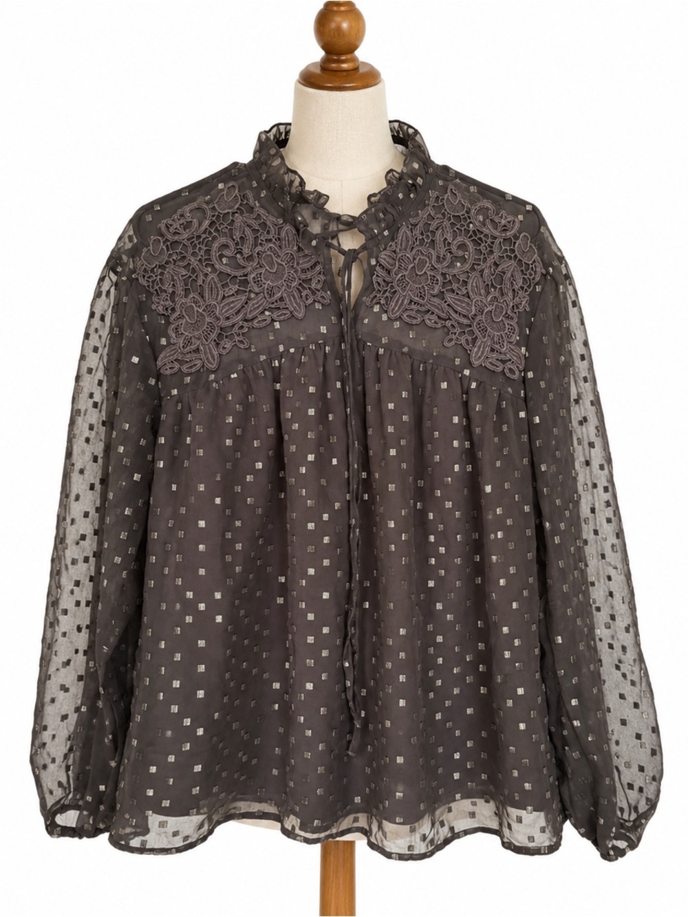 Lace-Yoke Sheer Blouse in Charcoal with Metallic Dot Detail